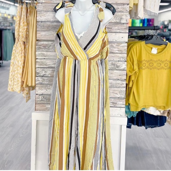 NWT Hem & Thread Boho Jumpsuit | Tie Back | Yellow Striped - Picture 2 of 15